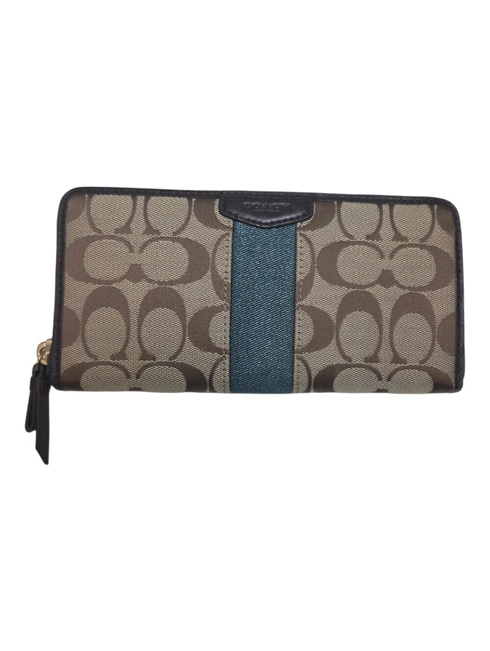 Coach Signature Logo Heritage Zip Around Accordion Wallet With Green Stripe